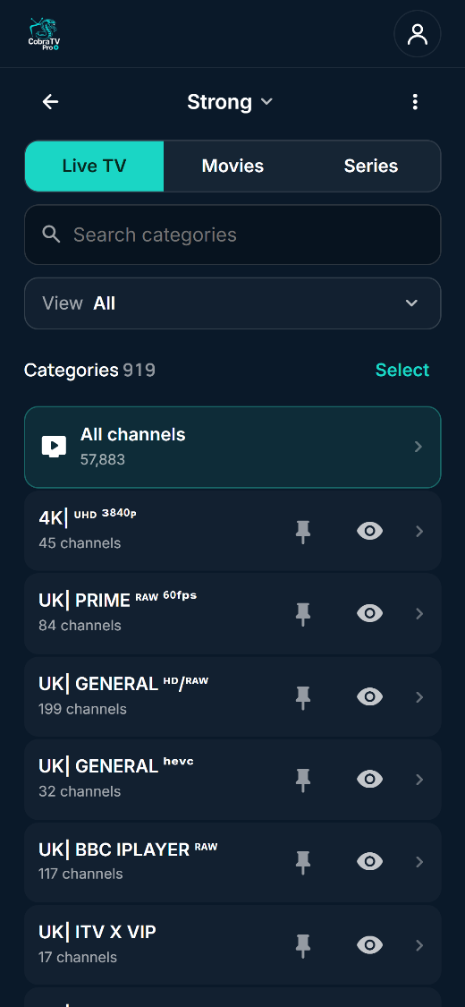 Categories with pin and eye buttons