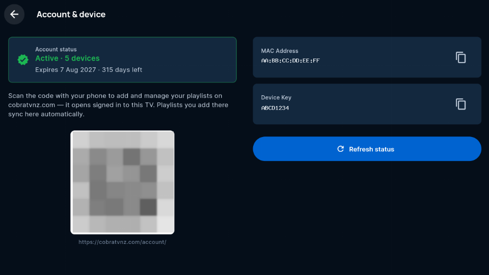 The TV's Account and device screen (the QR code is blurred in this picture)